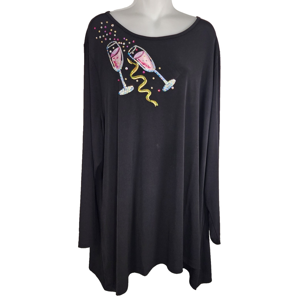 Quacker Factory Let's Get Bubbly Sequin Embellished Top Long Sleeve 3X Black